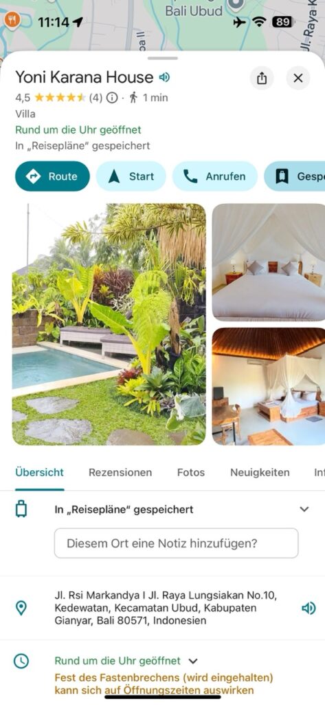 Yoni Karana House Ubud inserat google maps